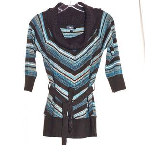 Iz Byer Brown & Turquoise Stripe 3/4 Sleeve Belted Cowl Neck Casual Knit Sweater